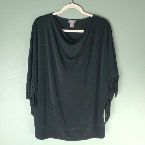 Chicos Travelers Womens Pheobe Fringe 3/4 Sleeve Drape Neck Poncho Top Size 3 - Picture 1 of 5